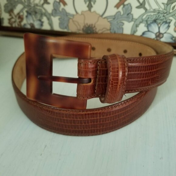 Jennifer Graham Brown Leather Reptile Lizard Print Faux Tortoise Buckle, Size L - Picture 3 of 11